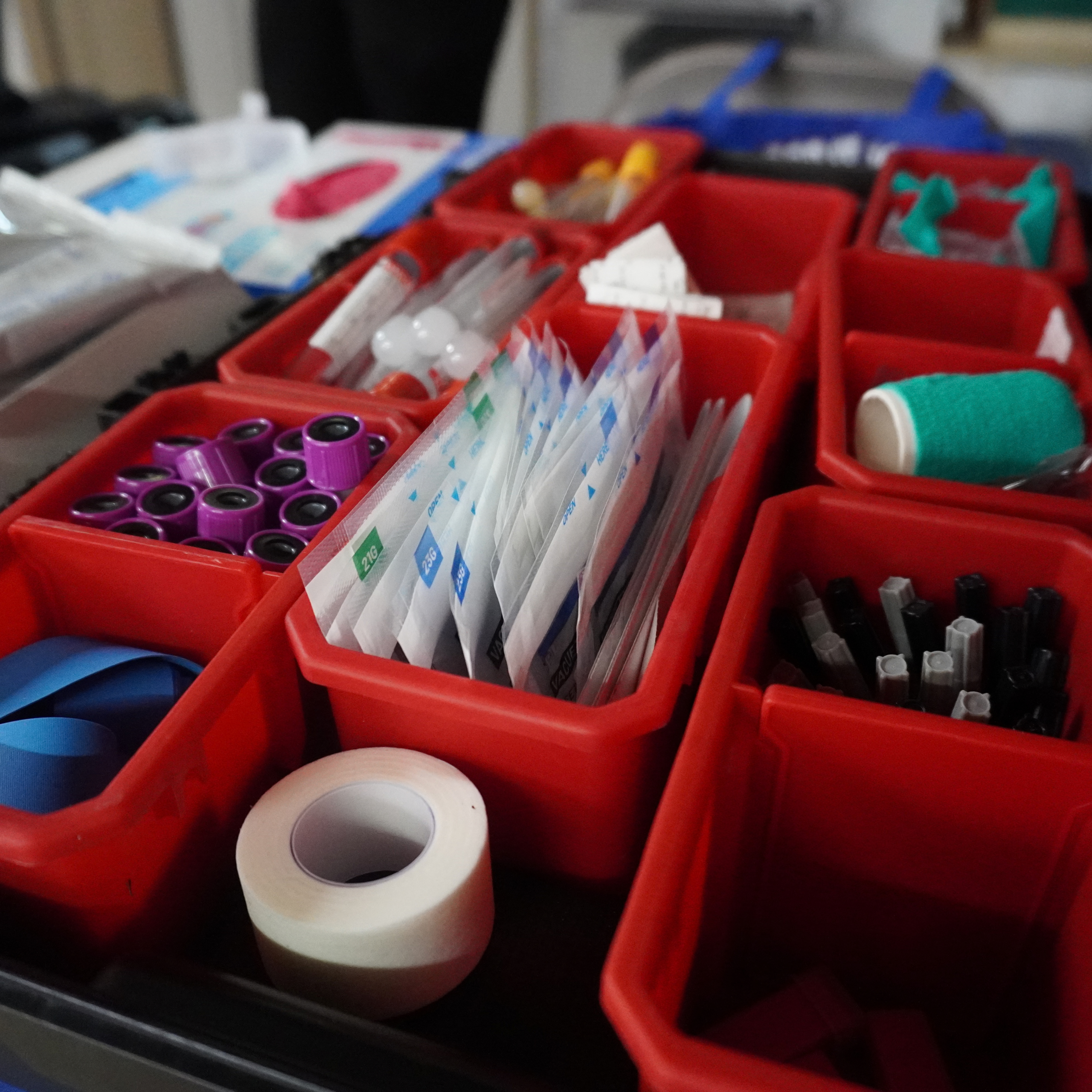 Medical and outreach supplies organized for community-based healthcare services.